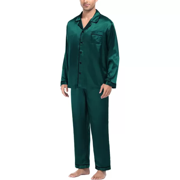 SWOMOG Mens Silk Satin Pajamas Long Sleeve Loungewear Twopiece Sleepwear ButtonDown Pj SetDeep Green