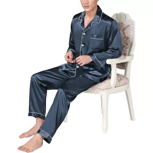 SWOMOG Mens Silk Satin Pajamas Long Sleeve Loungewear Twopiece Sleepwear ButtonDown Pj SetDeep Grey