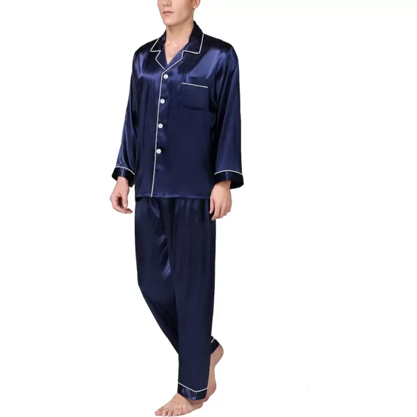 SWOMOG Mens Silk Satin Pajamas Long Sleeve Loungewear Twopiece Sleepwear ButtonDown Pj SetDeep Navy Blue