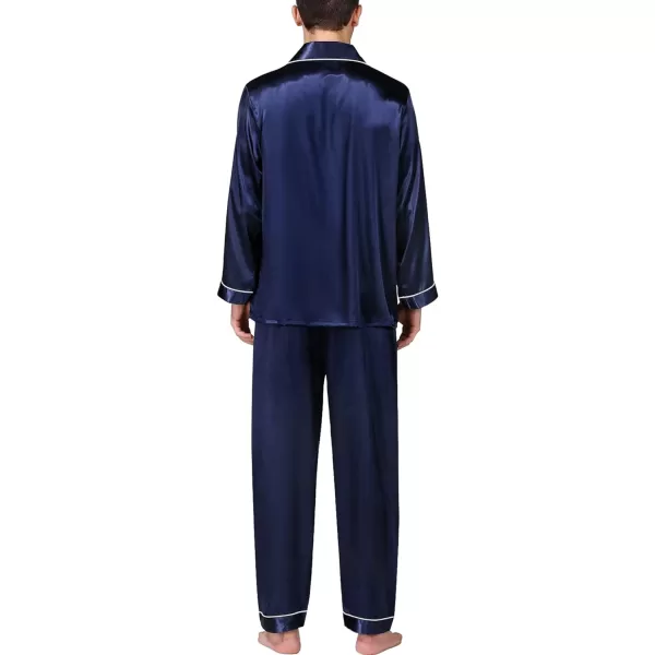 SWOMOG Mens Silk Satin Pajamas Long Sleeve Loungewear Twopiece Sleepwear ButtonDown Pj SetDeep Navy Blue