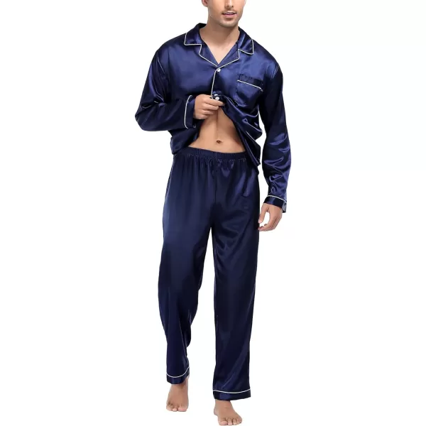 SWOMOG Mens Silk Satin Pajamas Long Sleeve Loungewear Twopiece Sleepwear ButtonDown Pj SetDeep Navy Blue