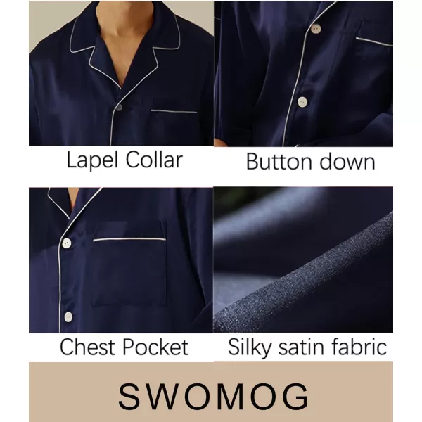 SWOMOG Mens Silk Satin Pajamas Long Sleeve Loungewear Twopiece Sleepwear ButtonDown Pj SetDeep Navy Blue