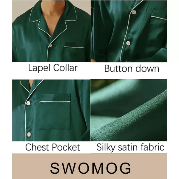 SWOMOG Mens Silk Satin Pajamas Long Sleeve Loungewear Twopiece Sleepwear ButtonDown Pj SetGreen