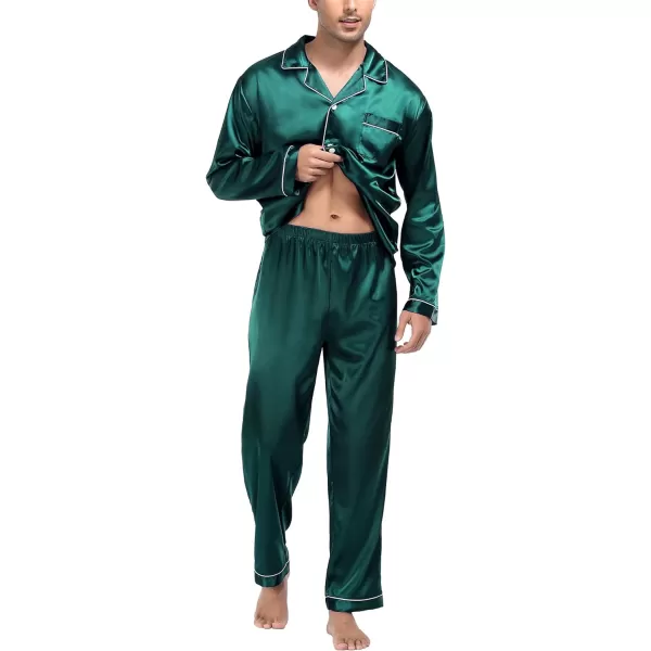 SWOMOG Mens Silk Satin Pajamas Long Sleeve Loungewear Twopiece Sleepwear ButtonDown Pj SetGreen