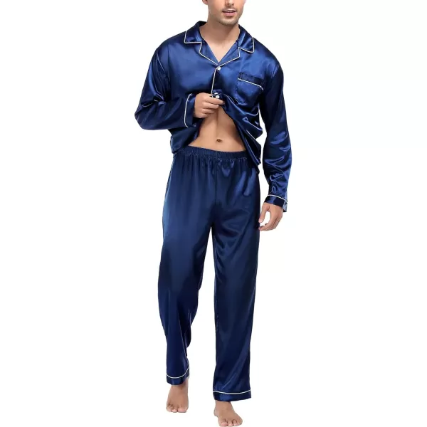 SWOMOG Mens Silk Satin Pajamas Long Sleeve Loungewear Twopiece Sleepwear ButtonDown Pj SetNavy Blue