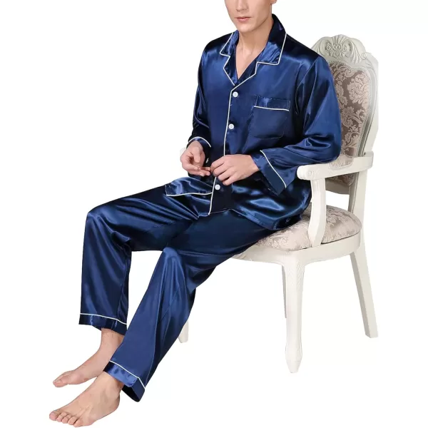 SWOMOG Mens Silk Satin Pajamas Long Sleeve Loungewear Twopiece Sleepwear ButtonDown Pj SetNavy Blue