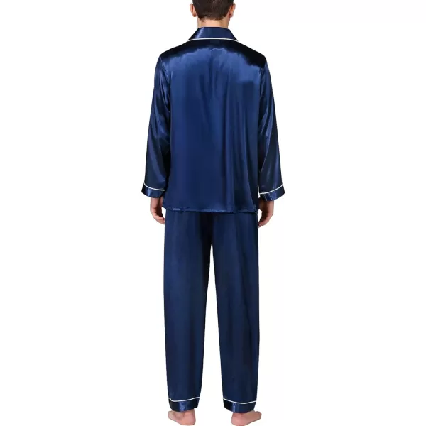 SWOMOG Mens Silk Satin Pajamas Long Sleeve Loungewear Twopiece Sleepwear ButtonDown Pj SetNavy Blue