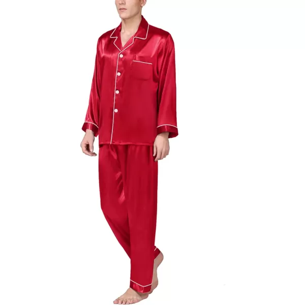 SWOMOG Mens Silk Satin Pajamas Long Sleeve Loungewear Twopiece Sleepwear ButtonDown Pj SetRed