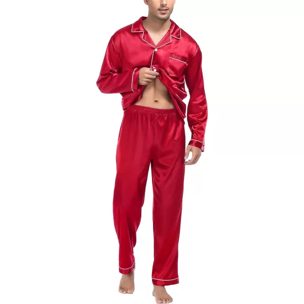 SWOMOG Mens Silk Satin Pajamas Long Sleeve Loungewear Twopiece Sleepwear ButtonDown Pj SetRed