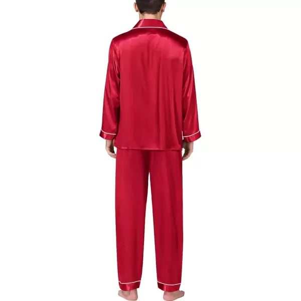 SWOMOG Mens Silk Satin Pajamas Long Sleeve Loungewear Twopiece Sleepwear ButtonDown Pj SetRed