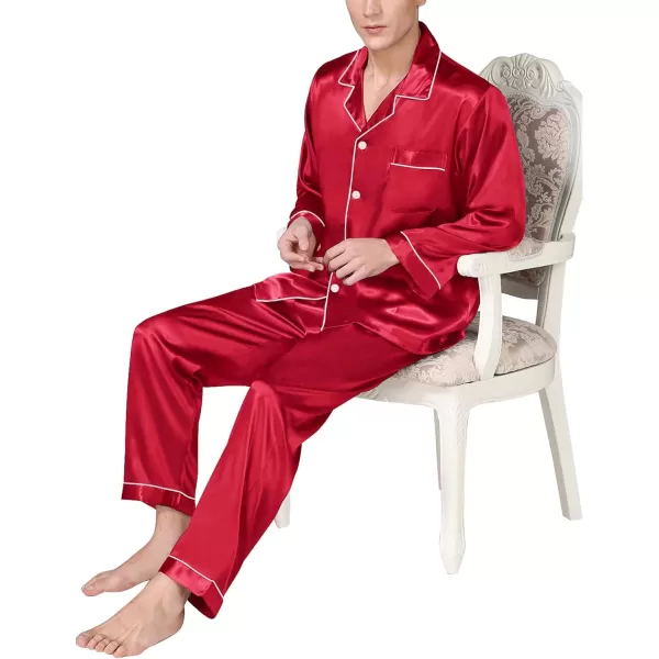 SWOMOG Mens Silk Satin Pajamas Long Sleeve Loungewear Twopiece Sleepwear ButtonDown Pj SetRed