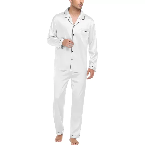 SWOMOG Mens Silk Satin Pajamas Long Sleeve Loungewear Twopiece Sleepwear ButtonDown Pj SetWhite