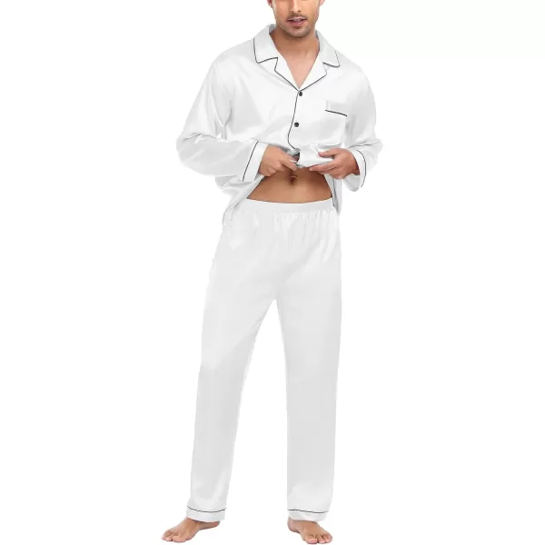 SWOMOG Mens Silk Satin Pajamas Long Sleeve Loungewear Twopiece Sleepwear ButtonDown Pj SetWhite