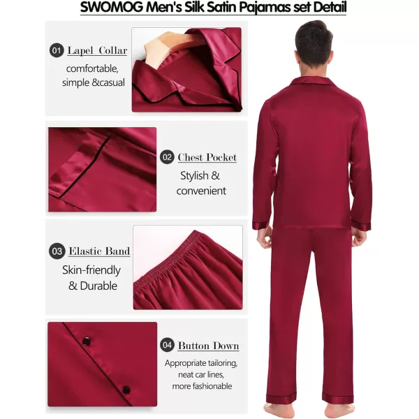 SWOMOG Mens Silk Satin Pajamas Long Sleeve Loungewear Twopiece Sleepwear ButtonDown Pj SetWine Red