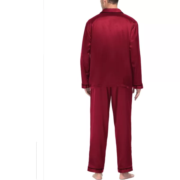 SWOMOG Mens Silk Satin Pajamas Long Sleeve Loungewear Twopiece Sleepwear ButtonDown Pj SetWine Red