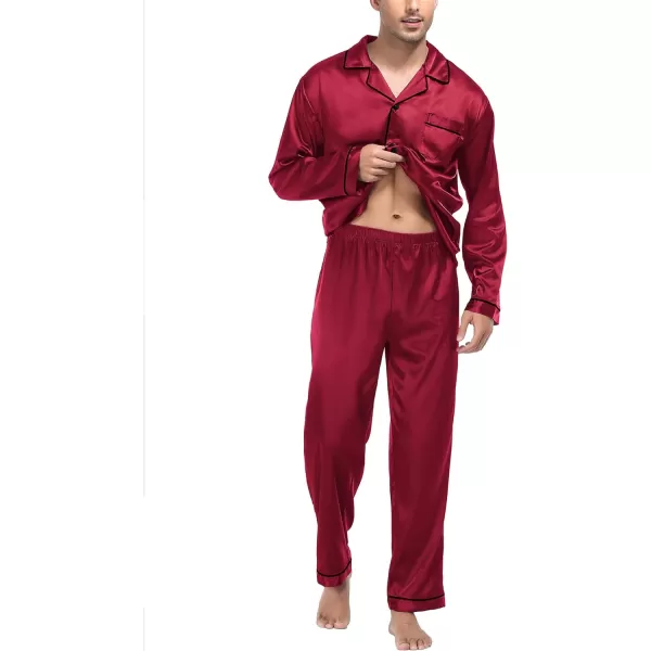 SWOMOG Mens Silk Satin Pajamas Long Sleeve Loungewear Twopiece Sleepwear ButtonDown Pj SetWine Red