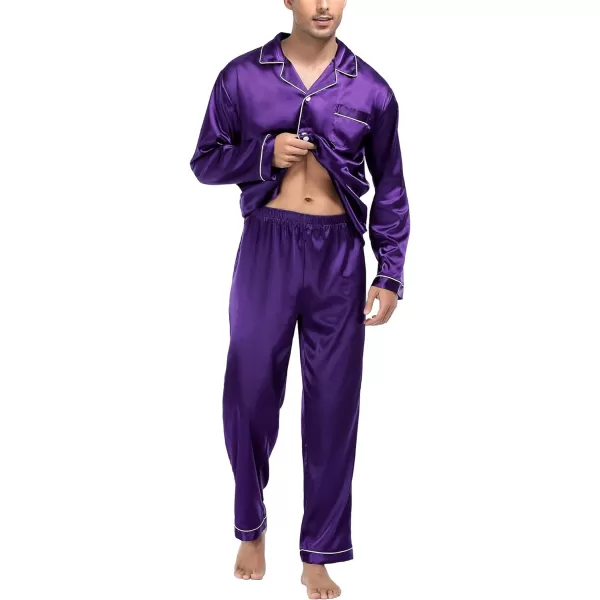 SWOMOG Mens Silk Satin Pajamas Long Sleeve Loungewear Twopiece Sleepwear ButtonDown Pj SetWineberry