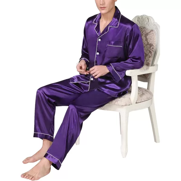 SWOMOG Mens Silk Satin Pajamas Long Sleeve Loungewear Twopiece Sleepwear ButtonDown Pj SetWineberry