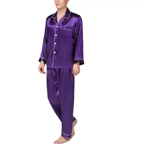 SWOMOG Mens Silk Satin Pajamas Long Sleeve Loungewear Twopiece Sleepwear ButtonDown Pj SetWineberry