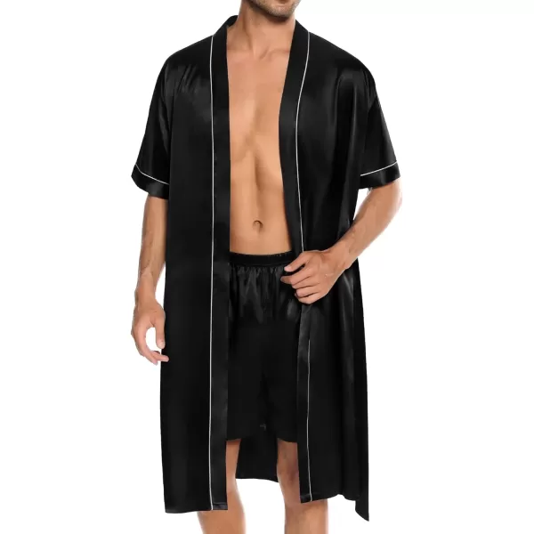 SWOMOG Mens Silk Satin Robe with Shorts Set 2PCS Short Sleeve Kimono Bathrobe Soft Sleepwear Pjs Sets with PocketsBlack