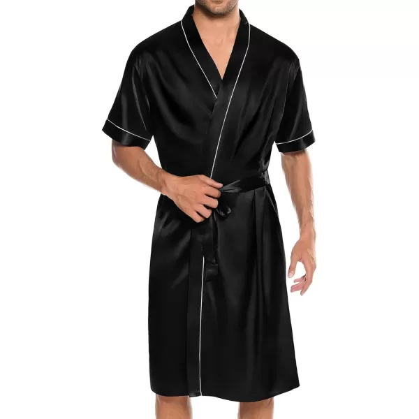 SWOMOG Mens Silk Satin Robe with Shorts Set 2PCS Short Sleeve Kimono Bathrobe Soft Sleepwear Pjs Sets with PocketsBlack