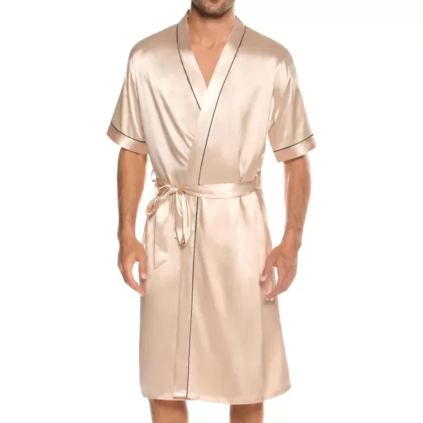 SWOMOG Mens Silk Satin Robe with Shorts Set 2PCS Short Sleeve Kimono Bathrobe Soft Sleepwear Pjs Sets with PocketsChampagne