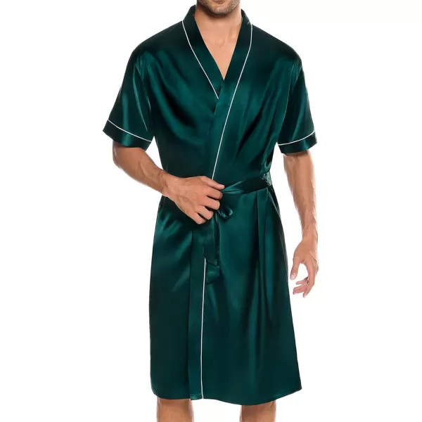 SWOMOG Mens Silk Satin Robe with Shorts Set 2PCS Short Sleeve Kimono Bathrobe Soft Sleepwear Pjs Sets with PocketsDeep Green