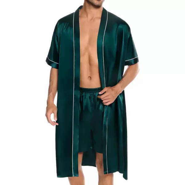 SWOMOG Mens Silk Satin Robe with Shorts Set 2PCS Short Sleeve Kimono Bathrobe Soft Sleepwear Pjs Sets with PocketsDeep Green