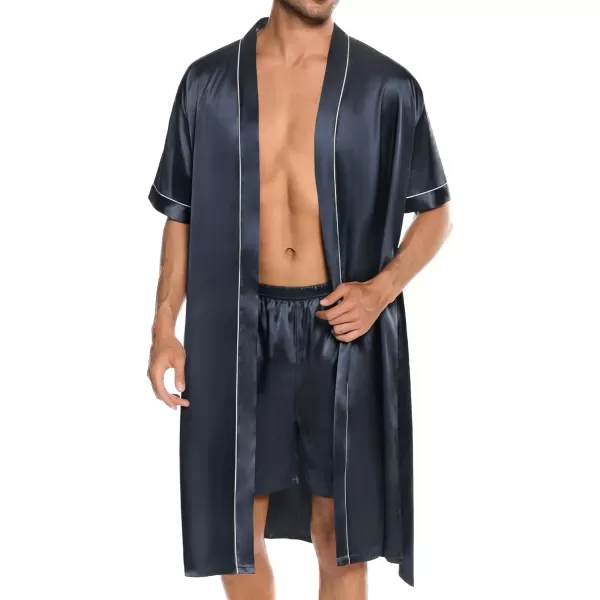 SWOMOG Mens Silk Satin Robe with Shorts Set 2PCS Short Sleeve Kimono Bathrobe Soft Sleepwear Pjs Sets with PocketsDeep Grey