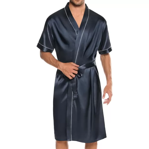 SWOMOG Mens Silk Satin Robe with Shorts Set 2PCS Short Sleeve Kimono Bathrobe Soft Sleepwear Pjs Sets with PocketsDeep Grey