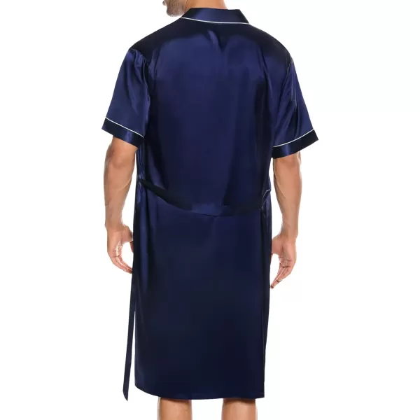 SWOMOG Mens Silk Satin Robe with Shorts Set 2PCS Short Sleeve Kimono Bathrobe Soft Sleepwear Pjs Sets with PocketsDeep Navy Blue