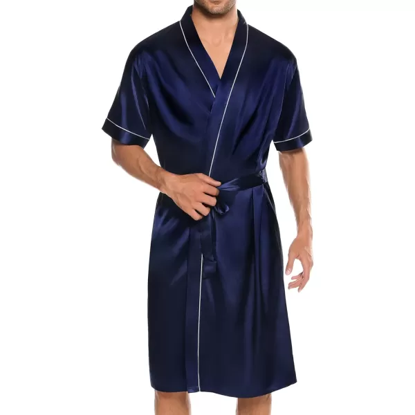 SWOMOG Mens Silk Satin Robe with Shorts Set 2PCS Short Sleeve Kimono Bathrobe Soft Sleepwear Pjs Sets with PocketsDeep Navy Blue