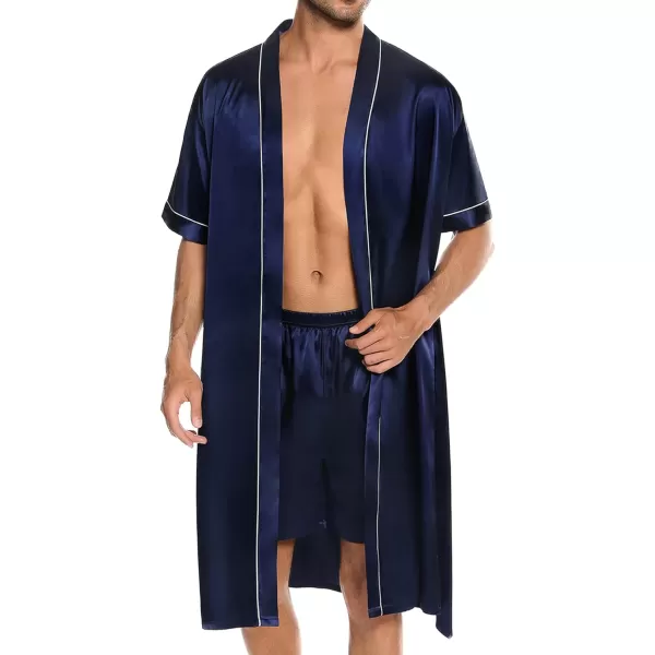 SWOMOG Mens Silk Satin Robe with Shorts Set 2PCS Short Sleeve Kimono Bathrobe Soft Sleepwear Pjs Sets with PocketsDeep Navy Blue