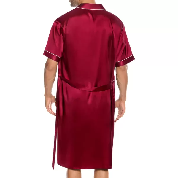 SWOMOG Mens Silk Satin Robe with Shorts Set 2PCS Short Sleeve Kimono Bathrobe Soft Sleepwear Pjs Sets with PocketsDeep Wine Red