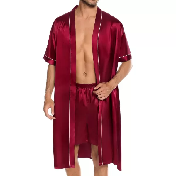 SWOMOG Mens Silk Satin Robe with Shorts Set 2PCS Short Sleeve Kimono Bathrobe Soft Sleepwear Pjs Sets with PocketsDeep Wine Red