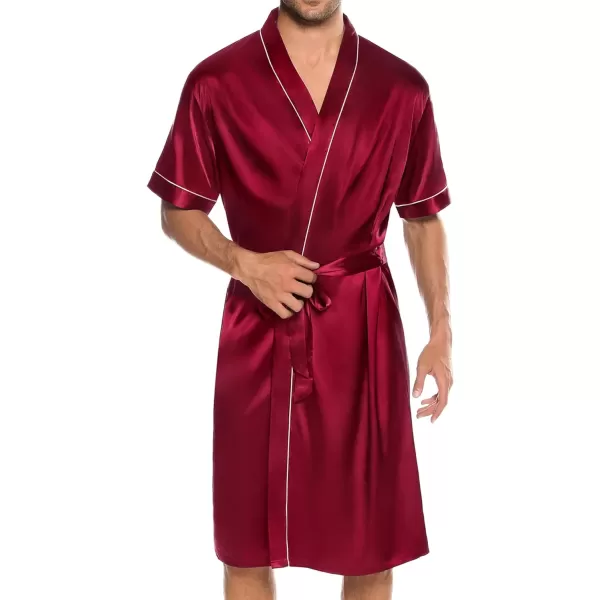 SWOMOG Mens Silk Satin Robe with Shorts Set 2PCS Short Sleeve Kimono Bathrobe Soft Sleepwear Pjs Sets with PocketsDeep Wine Red