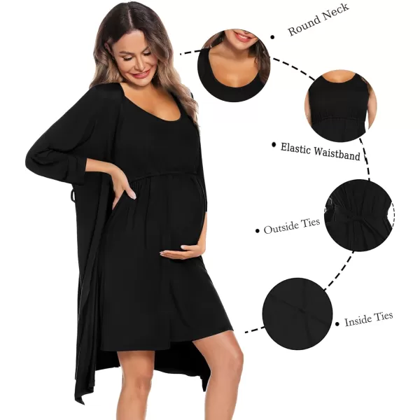 SWOMOG Nursing Robes Maternity Dress 2 Piece Nightgown for Breastfeeding 3in1 Hospital Labor Delivery Bathrobe Nursing DressBlack