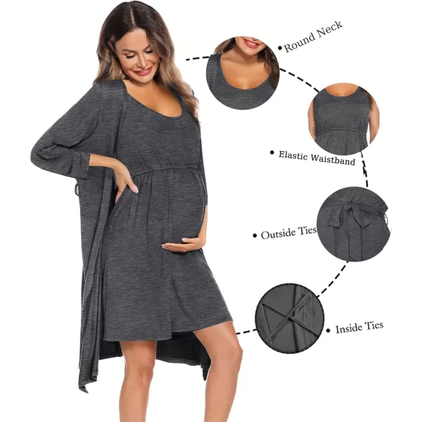 SWOMOG Nursing Robes Maternity Dress 2 Piece Nightgown for Breastfeeding 3in1 Hospital Labor Delivery Bathrobe Nursing DressDark Grey