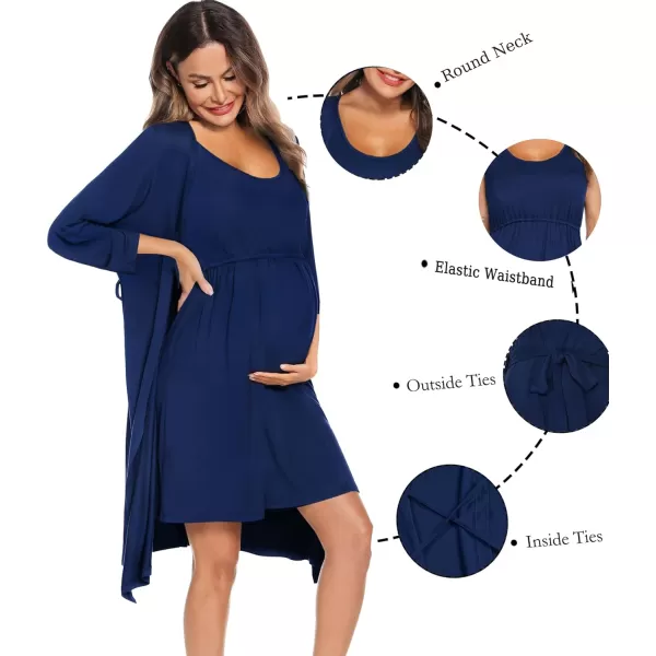 SWOMOG Nursing Robes Maternity Dress 2 Piece Nightgown for Breastfeeding 3in1 Hospital Labor Delivery Bathrobe Nursing DressNavy Blue