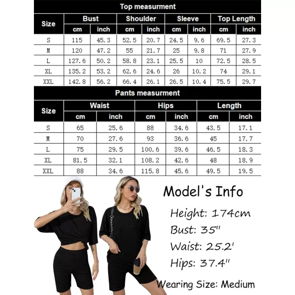 SWOMOG Pajamas 2 Piece Outfits for Women Ribbed Knit Tee amp Biker Shorts Set Drop Shoulder Lounge Sets Soft SleepwearBlack