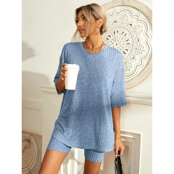 SWOMOG Pajamas 2 Piece Outfits for Women Ribbed Knit Tee amp Biker Shorts Set Drop Shoulder Lounge Sets Soft SleepwearLight Blue