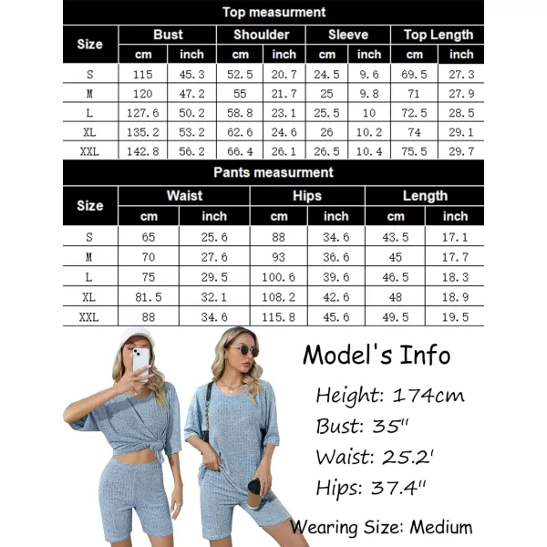 SWOMOG Pajamas 2 Piece Outfits for Women Ribbed Knit Tee amp Biker Shorts Set Drop Shoulder Lounge Sets Soft SleepwearLight Blue