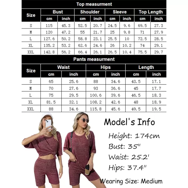 SWOMOG Pajamas 2 Piece Outfits for Women Ribbed Knit Tee amp Biker Shorts Set Drop Shoulder Lounge Sets Soft SleepwearWine Red