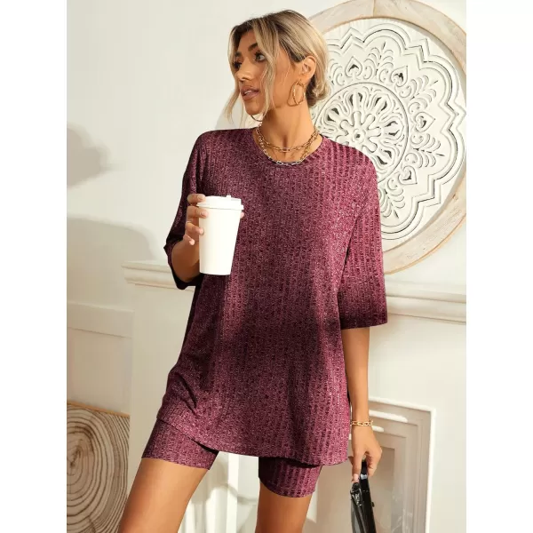 SWOMOG Pajamas 2 Piece Outfits for Women Ribbed Knit Tee amp Biker Shorts Set Drop Shoulder Lounge Sets Soft SleepwearWine Red