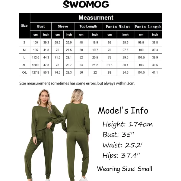 SWOMOG Pajamas for Women Long Sleeve Crop Top and Pants Lounge Set 2 Piece Outfits Soft Sleepwear and Loungewear PjsArmy Green