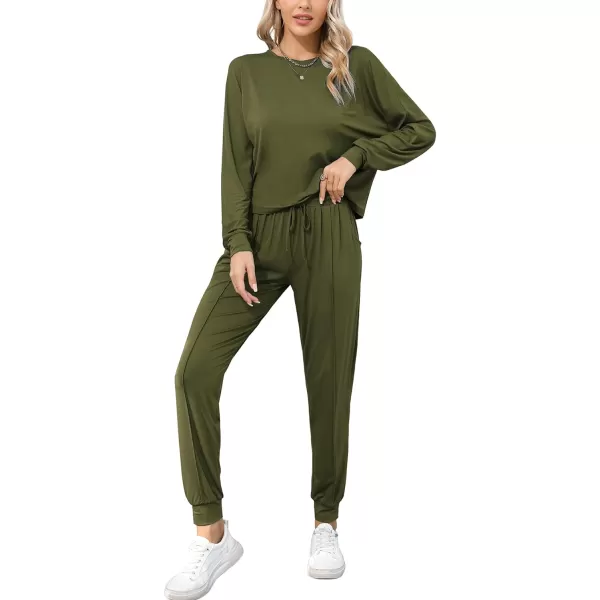 SWOMOG Pajamas for Women Long Sleeve Crop Top and Pants Lounge Set 2 Piece Outfits Soft Sleepwear and Loungewear PjsArmy Green