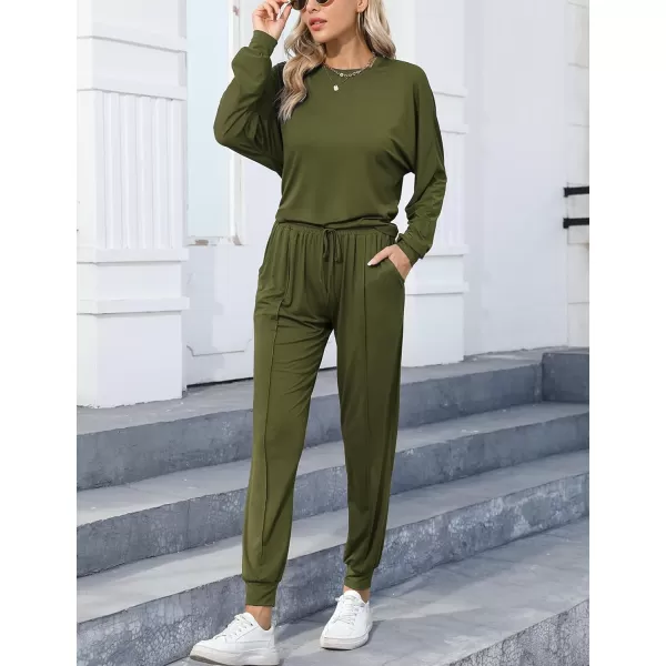 SWOMOG Pajamas for Women Long Sleeve Crop Top and Pants Lounge Set 2 Piece Outfits Soft Sleepwear and Loungewear PjsArmy Green