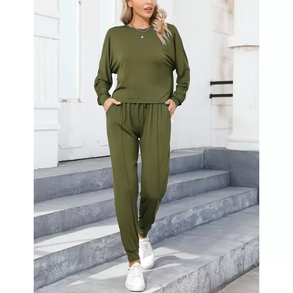 SWOMOG Pajamas for Women Long Sleeve Crop Top and Pants Lounge Set 2 Piece Outfits Soft Sleepwear and Loungewear PjsArmy Green