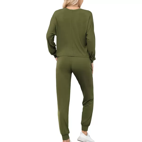 SWOMOG Pajamas for Women Long Sleeve Crop Top and Pants Lounge Set 2 Piece Outfits Soft Sleepwear and Loungewear PjsArmy Green