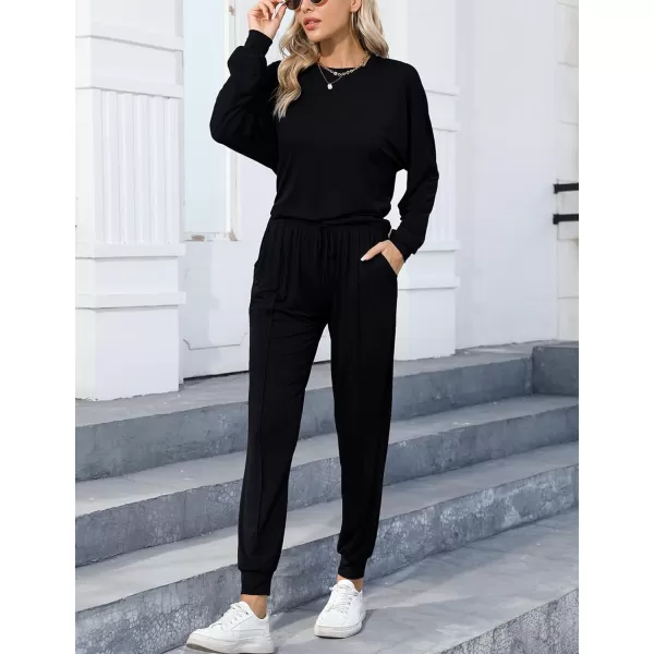 SWOMOG Pajamas for Women Long Sleeve Crop Top and Pants Lounge Set 2 Piece Outfits Soft Sleepwear and Loungewear PjsBlack